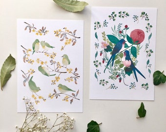 illustration print, print set, bird illustration print, watercolor birds print, birds and flowers illustration print