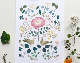 Water colour illustration print, art print, botanical illustration print, turtle doves print, floral birds print