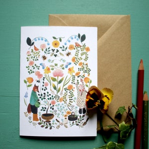 Notitiekaart tuin, notitiekaart landelijke stijl, botanische wenskaart, auto met dieren en bloemen, milieuvriendelijke wenskaart