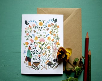 Garden note card, country style note card, Botanical greeting card,  animals and flowers car, eco friendly greeting card