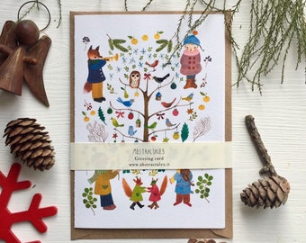 Cartão de nota de férias, cartão de Natal, notecard da floresta, cartão de saudação de pássaros, cartão de natal de pássaros