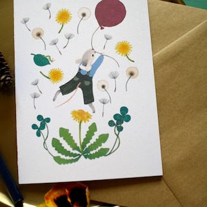 Notitiekaart met wilde bloemen, notitiekaart in landelijke stijl, botanische wenskaart, auto met dieren en bloemen, milieuvriendelijke wenskaart