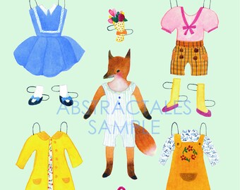 instant download paper doll with dresses, printable fox paper doll, digital fox dressing paper doll