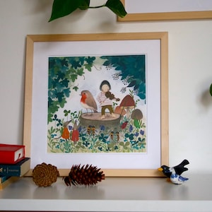 Illustration Druck, Kunstdruck, Kinder Illustration Druck, Kinder und Vogel Bilder Druck, Wald Bildstation Druck
