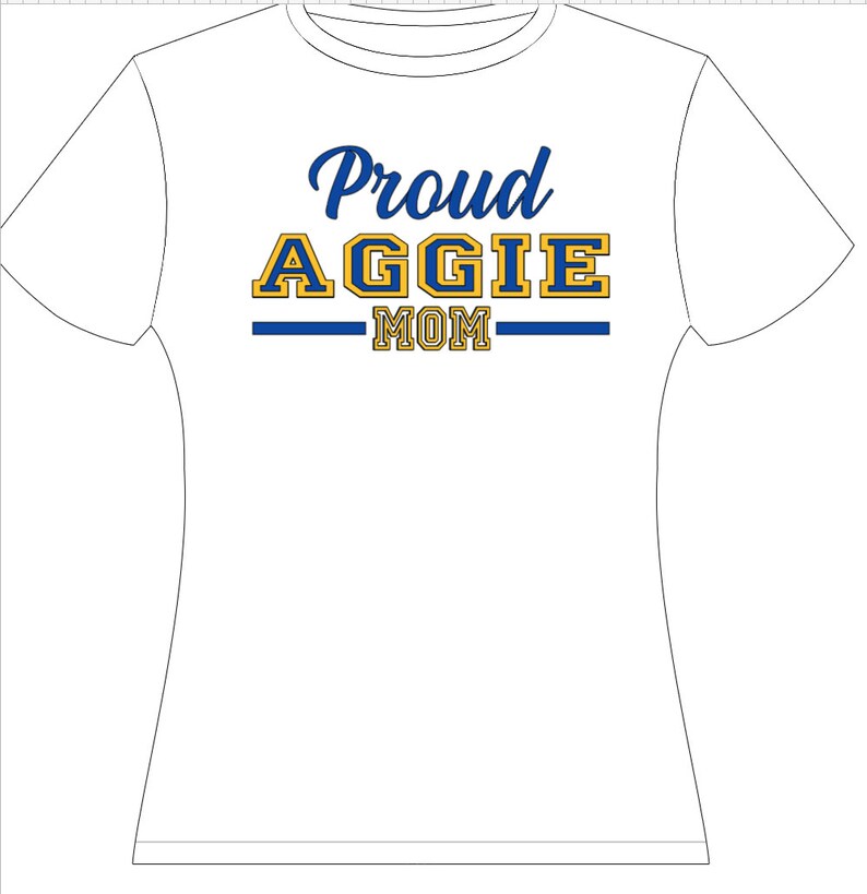May include: White t-shirt with blue and gold text that reads "Proud Aggie Mom".