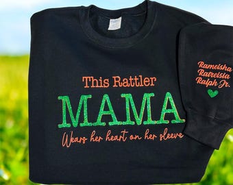 Semi Glitter This RATTLER Mama Wears Her Heart On Her Sleeve, Rattler Mom, Rattlers, FAMU, Fashion, Personalized Mom Sweatshirt w/ Names