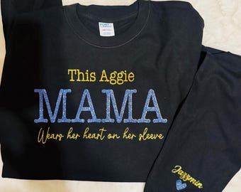 Semi Glitter NCAT This Mama Wears Her Heart On Her Sleeve, Aggie Shirt, North Carolina A&T, Fashion, Sweatshirt w/Kid Names, Aggies,