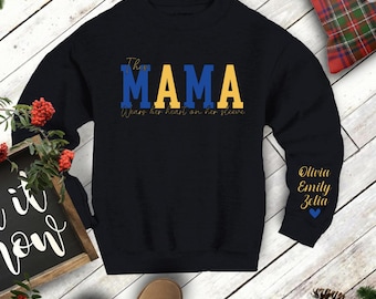 Semi Glitter NCAT This Mama Wears Her Heart On Her Sleeve, Aggie Shirt, North Carolina A&T, Fashion, Personalized Mom Sweatshirt w/Kid Names
