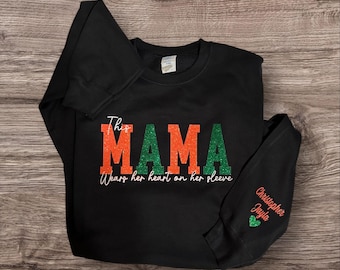 Semi Glitter This Mama Wears Her Heart On Her Sleeve, Rattler Mom Shirt, Rattlers, FAMU, Fashion, Personalized Mom Sweatshirt w/ Kids Names