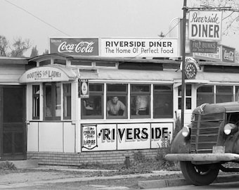 Riverside Diner, 1941. Digital Photo Download. Vintage Black & White Photograph. Cafe, Restaurant, Truck Stop, Upstate New York.