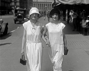 Walking Hand in Hand, 1924. Vintage Photo Reproduction Print. Black & White Photograph. Flapper, Girls, Friends, Summer, City, 1920s.