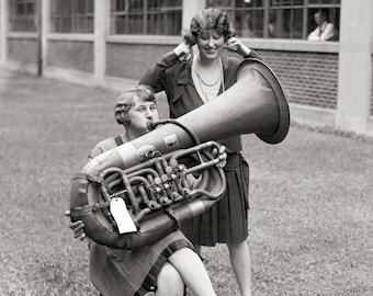 Girl Playing Tuba, 1928. Vintage Photo Reproduction Print. Black & White Photograph. Music, Musician, Horn, Instrument, Band, 1920s.