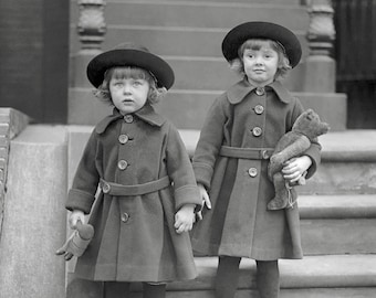 Little Girls with Teddy Bears, 1921. Digital Photo Download. Vintage Black & White Photograph. Children, Kids, Toys, 1920s, 20s.