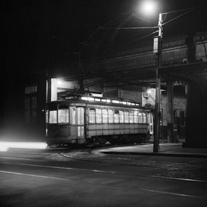 Streetcar at Night, 1943. Vintage Photo Reproduction Print. Black & White Photograph. Trolley, Train, Noir, 1940s, 40s, Historical.