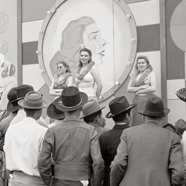 Carnival Girlie Show, 1942. Vintage Photo Reproduction Print. Black & White Photograph. Dancing, Dancers, Burlesque, 1940s, 40s.