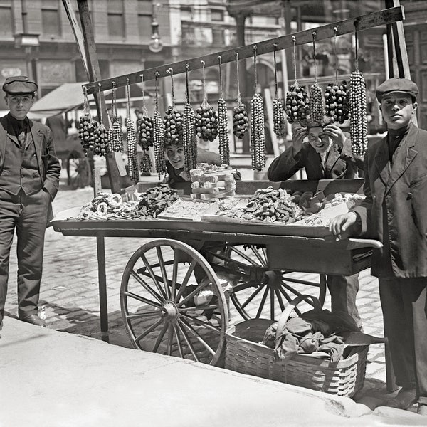 Little Italy Food Cart, 1908. Vintage Photo Reproduction Print. Black & White Photograph. New York, Italian Food, Feast, Historical.