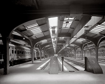 Peut inclure: Photographie en noir et blanc d'un quai de gare avec un train sur les voies. Le quai est couvert d'un toit métallique avec des puits de lumière. Le quai est marqué des numéros "2" et "3".