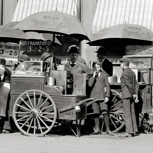 New York City Lunch Carts, 1906. Vintage Photo Reproduction Print. Black & White Photograph. Hot Dogs, Lemonade, Food, 1900s.