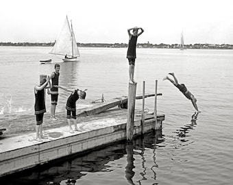 Boys Diving off a Pier, 1904. Digital Photo Download. Vintage Black & White Photograph. Swimming, Beach, Vacation, Travel.