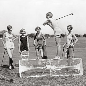 Flapper Girls Playing Golf, 1926. Vintage Photo Reproduction Print. Black & White Photograph. Summer, Bathing Beauties, 1920s, 20s.