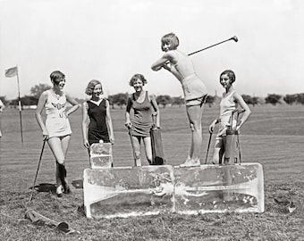 Flapper Girls Playing Golf, 1926. Vintage Photo Reproduction Print. Black & White Photograph. Summer, Bathing Beauties, 1920s, 20s.