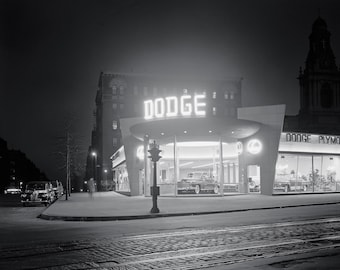 Auto Dealer At Night, 1948. Digital Photo Download. Vintage Black & White Photograph. Cars, Automobiles, New York, Noir, 1940s.