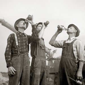 Farmers Drinking Beer, 1941. Vintage Photo Reproduction Print. Black & White Photograph. Liquor, Alcohol, Farm, Bar, 1940s, 40s.