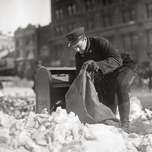 Mailman in the Snow, 1922. Vintage Photo Reproduction Print. Black & White Photograph. Winter, Storm, Mail, Letters, 1920s, 20s.
