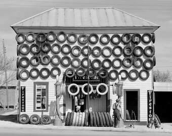 Firestone Tire Shop, 1940. Digital Photo Download. Vintage Black & White Photograph. Automobiles, Gas Station, Garage, Texas, 40s.