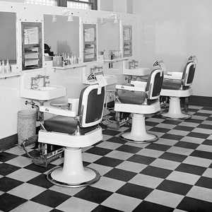 Executive Barber Shop, 1935. Vintage Photo Reproduction Print. Black & White Photograph. Barbershop, Shaving, Haircut, 1930s, 30s.
