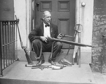 Gentleman Gunslinger, 1927. Digital Photo Download. Vintage Black & White Photograph. Guns, Rifle, Revolver, Sword, 1920s, 20s.