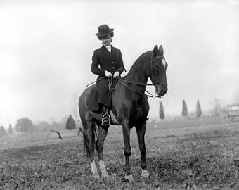 Lady on Horseback, 1912. Vintage Photo Reproduction Print. Black & White Photograph. Horse, Equestrian, Horse Riding, Historical.