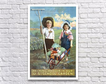 U.S. School Gardens, 1919. Digital Download. Vintage Poster Art, WWI, Victory Garden, Children, Gardening, School, Retro