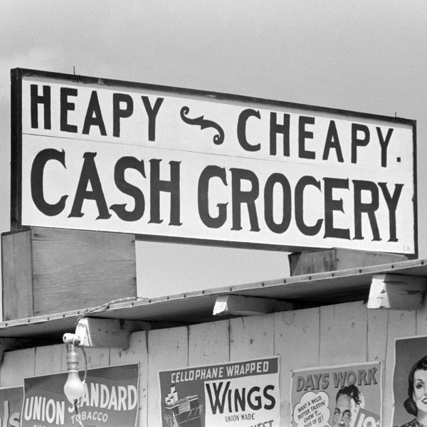 Grocery Sign, 1939. Vintage Photo Reproduction Print. Black & White Photograph. Sign, Rustic, Hand Painted, Texas, 1930s, 30s.