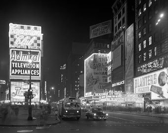 Times Square, 1953. Digital Photo Download. Vintage Black & White Photograph. New York City, Neon, Noir, Night, 1950s, 50s, Retro.