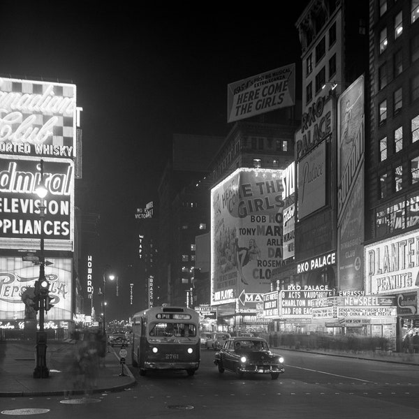 Times Square, 1953. Vintage Photo Reproduction Print. Black & White Photograph. New York City, Neon, Noir, Night, 1950s, 50s, Retro.