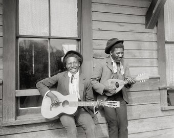 Traveling Musicians, 1902. Digital Photo Download. Vintage Black & White Photograph. Music, Travel, Guitar, Ukulele, 1900s.