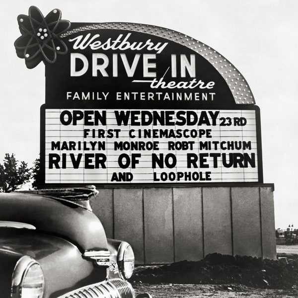 Drive-In Theater, 1954. Vintage Photo Reproduction Print. Black & White Photograph. Drive In, Movies, Film, Hollywood, 1950s, 50s.