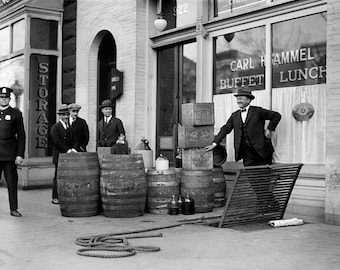 Bootleg Liquor Raid, 1923. Vintage Photo Reproduction Poster Print. Black & White Photograph. Prohibition, Speakeasy, 1920s, 20s.