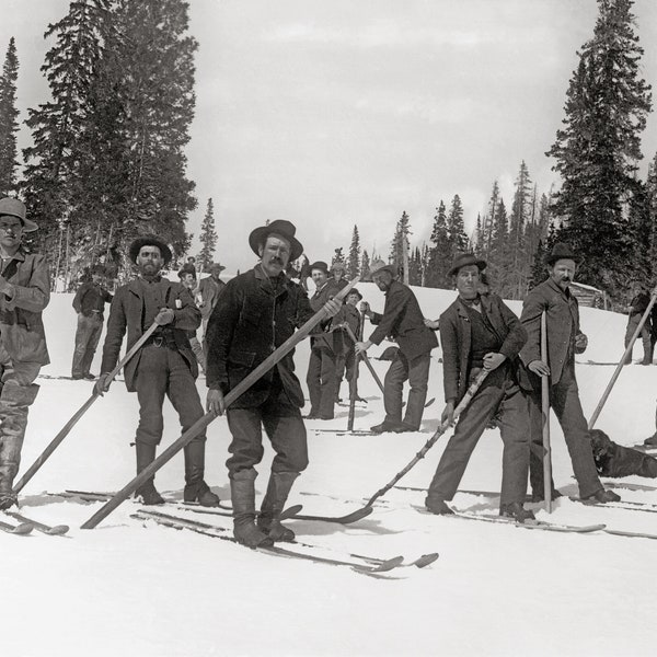 Colorado Skiers, 1910. Vintage Photo Reproduction Print. Black & White Photograph. Ski, Skiing, Winter, Snow, Nature, Mountains.