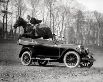 Horse Jumping Over Automobile, 1923. Digital Photo Download. Vintage Black & White Photograph. Equestrian, Stuntman, 1920s, 20s.