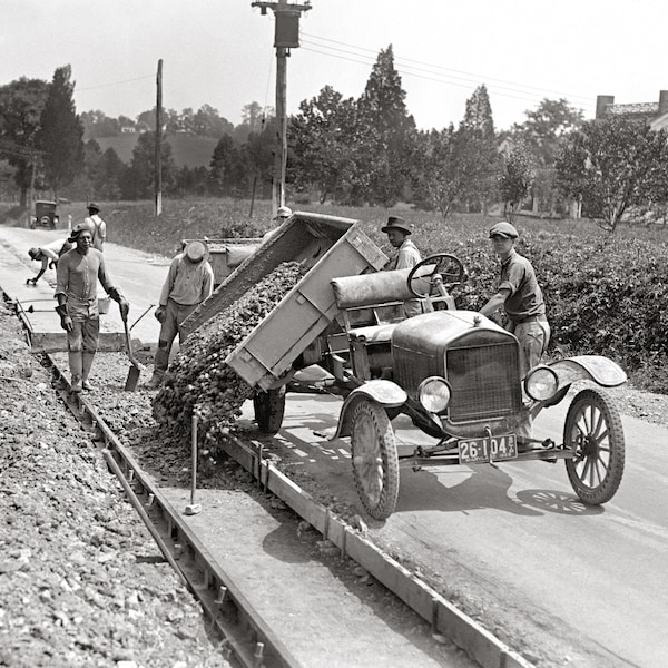 Road Crew At Work, 1925. Vintage Photo Reproduction Print. Black & White Photograph. Construction, Dump Truck, 1920s, 20s.