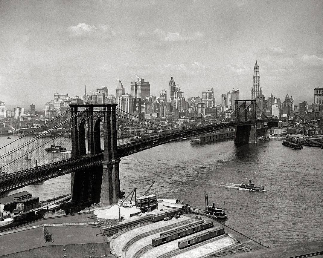 Brooklyn Bridge & New York Skyline, 1920. Vintage Photo Reproduction