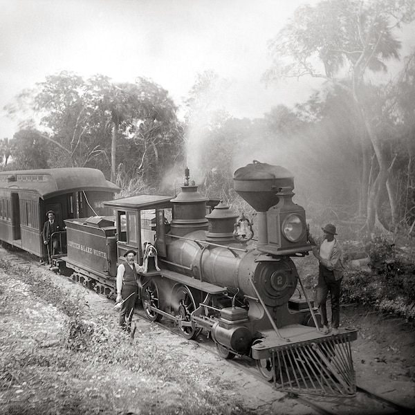 Jupiter & Lake Worth Railroad, 1897. Vintage Photo Reproduction Print. Black and White Photograph. Steam Train, Locomotive, 1800s.