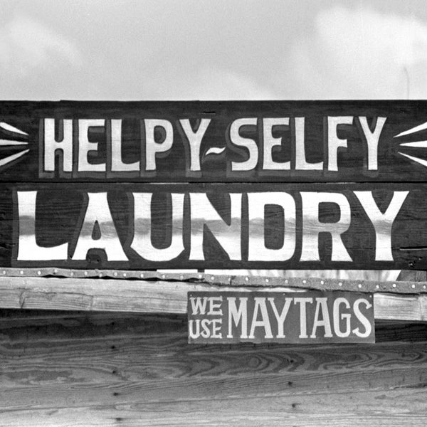 Laundry Sign, 1938. Vintage Photo Reproduction Print. Black & White Photograph. Sign, Rustic, Hand Painted, Texas, 1930s, 30s.