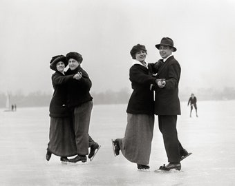 Ice Skating Couples, 1915. Digital Photo Download. Vintage Black & White Photograph. Winter, Ice, Snow, New York, 1910s.