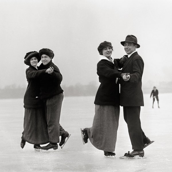 Ice Skating Couples, 1915. Vintage Photo Reproduction Print. Black & White Photograph. Winter, Ice, Snow, New York, 1910s.