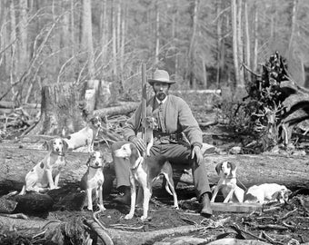 Hunter With His Hounds, 1897. Digital Photo Download. Vintage Black & White Photograph. Dogs, Hunting, Deer, Outdoors, 1800s.