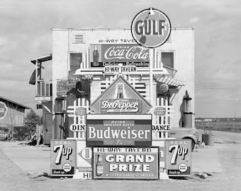 Hi-Way Tavern, 1939. Digitale fotodownload. Vintage zwart-witfoto. Bar, benzinestation, snelweg, Texas.