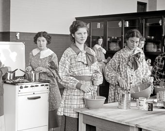 Cooking Class, 1935. Vintage Photo Reproduction Print. Black & White Photograph. Kitchen, Baking, High School, 1930s, 30s.